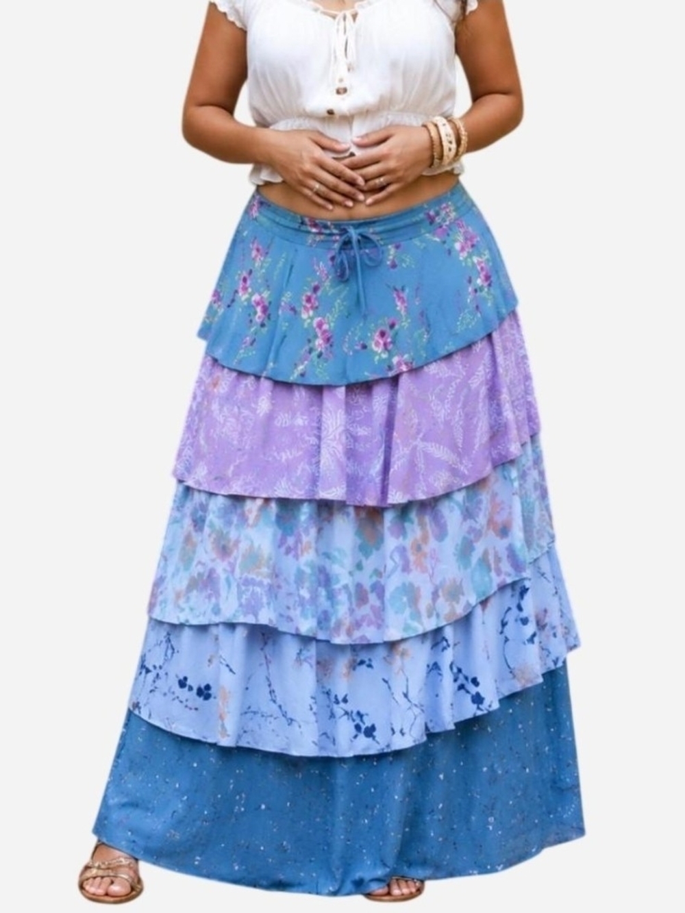 Boho Tiered Maxi Skirt in Blue and Lavender